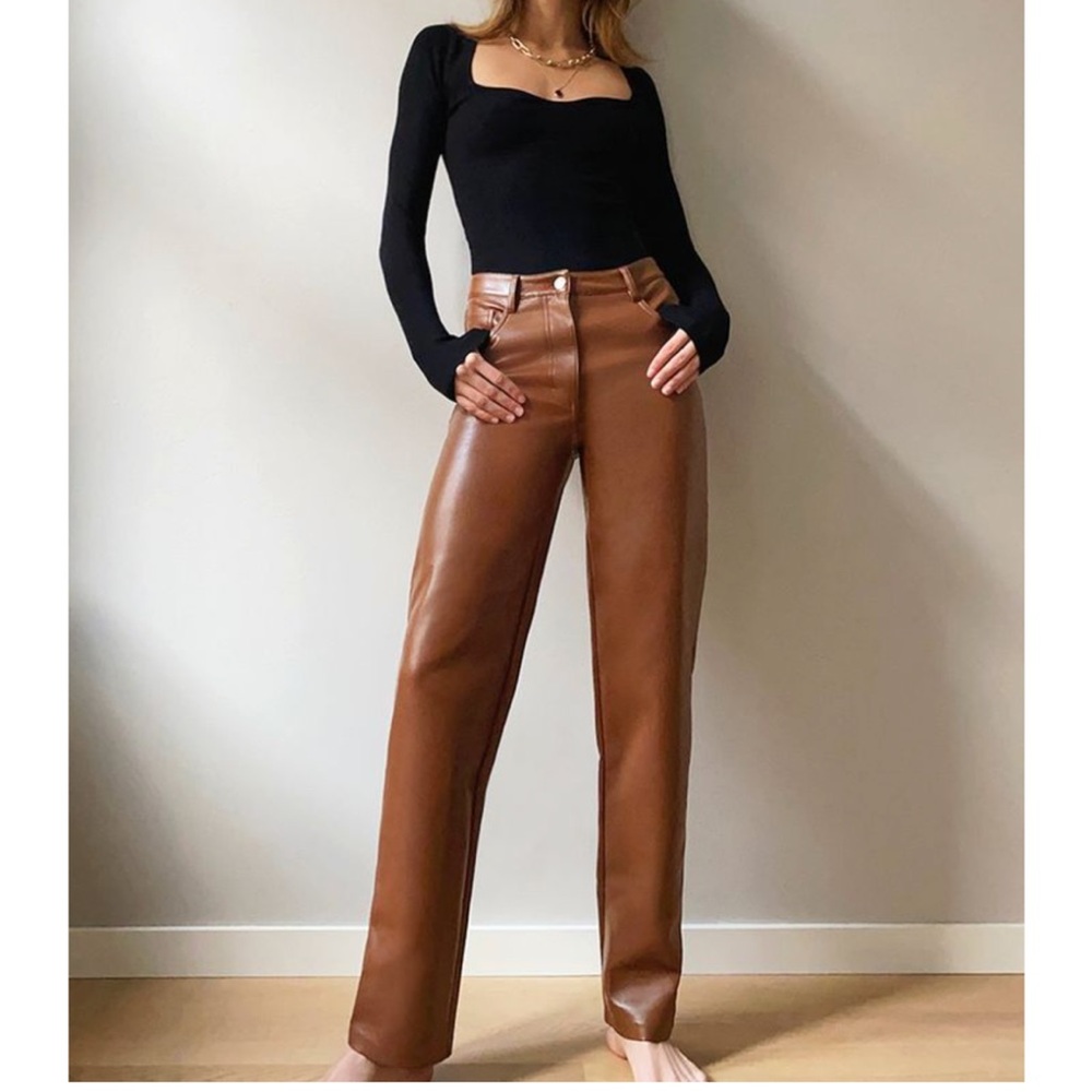 WILFRED x ARITZIA The Melina Pant High Waisted Vegan Leather Cognac Brown - Picture 1 of 8